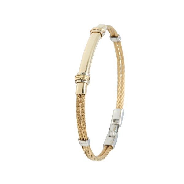 Jonc 2 câbles Acier PVD Doré, motif central en Or Jaune et Or Blanc massif 18 Carats - 750/000.  Qu'il soit classique ou fantaisiste, le bracelet saura sans conteste faire plaisir.   CARACTERISTIQUES :  Epaisseur câble (mm) : 2.00 Diamètre jonc (cm) : 6.50 Couleur câble : Acier PVD Doré Poids d'or (gr) : 3.70 Matière : Acier et Or 18 Carats - 750/000 19545