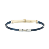 Jonc 2 câbles Acier PVD Bleu, motif central en Or Jaune et Or Blanc 18 Carats massif.  Qu'il soit classique ou fantaisiste, le bracelet saura sans conteste faire plaisir.   CARACTERISTIQUES :  Epaisseur câble (mm) : 2.00 Diamètre jonc (cm) : 7.00 Couleur câble : Acier PVD Bleu Poids d'or (gr) : 4.20 Matière : Acier et Or 18 Carats - 750/000 19544 