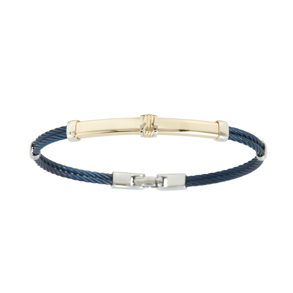 Jonc 2 câbles Acier PVD Bleu, motif central en Or Jaune et Or Blanc 18 Carats massif.  Qu'il soit classique ou fantaisiste, le bracelet saura sans conteste faire plaisir.   CARACTERISTIQUES :  Epaisseur câble (mm) : 2.00 Diamètre jonc (cm) : 7.00 Couleur câble : Acier PVD Bleu Poids d'or (gr) : 4.20 Matière : Acier et Or 18 Carats - 750/000 19544 