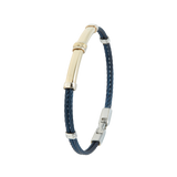 Jonc 2 câbles Acier PVD Bleu, motif central en Or Jaune et Or Blanc 18 Carats massif.  Qu'il soit classique ou fantaisiste, le bracelet saura sans conteste faire plaisir.   CARACTERISTIQUES :  Epaisseur câble (mm) : 2.00 Diamètre jonc (cm) : 7.00 Couleur câble : Acier PVD Bleu Poids d'or (gr) : 4.20 Matière : Acier et Or 18 Carats - 750/000 19544 