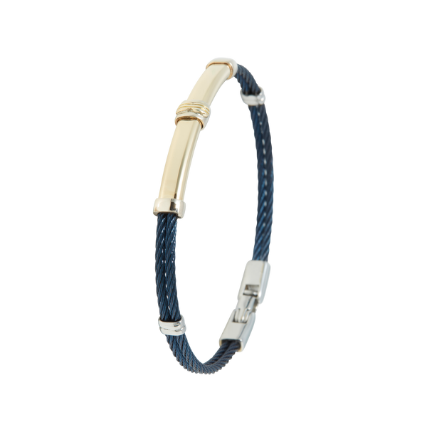Jonc 2 câbles Acier PVD Bleu, motif central en Or Jaune et Or Blanc 18 Carats massif.  Qu'il soit classique ou fantaisiste, le bracelet saura sans conteste faire plaisir.   CARACTERISTIQUES :  Epaisseur câble (mm) : 2.00 Diamètre jonc (cm) : 7.00 Couleur câble : Acier PVD Bleu Poids d'or (gr) : 4.20 Matière : Acier et Or 18 Carats - 750/000 19544 