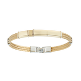 Jonc 3 câbles Acier PVD Doré, motif central en Or Jaune et Or Blanc massif 18 Carats - 750/000.  Qu'il soit classique ou fantaisiste, le bracelet saura sans conteste faire plaisir.   CARACTERISTIQUES :  Epaisseur câble (mm) : 2.00 Diamètre jonc (cm) : 6.50 Couleur câble : Acier PVD Doré Poids d'or (gr) : 3.70 Matière : Acier et Or 18 Carats - 750/000 19545