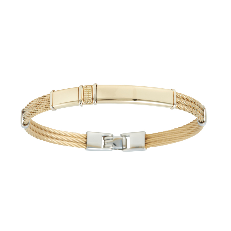 Jonc 3 câbles Acier PVD Doré, motif central en Or Jaune et Or Blanc massif 18 Carats - 750/000.  Qu'il soit classique ou fantaisiste, le bracelet saura sans conteste faire plaisir.   CARACTERISTIQUES :  Epaisseur câble (mm) : 2.00 Diamètre jonc (cm) : 6.50 Couleur câble : Acier PVD Doré Poids d'or (gr) : 3.70 Matière : Acier et Or 18 Carats - 750/000 19545