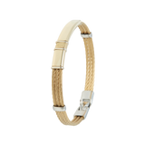 Jonc 3 câbles Acier PVD Doré, motif central en Or Jaune et Or Blanc massif 18 Carats - 750/000.  Qu'il soit classique ou fantaisiste, le bracelet saura sans conteste faire plaisir.   CARACTERISTIQUES :  Epaisseur câble (mm) : 2.00 Diamètre jonc (cm) : 6.50 Couleur câble : Acier PVD Doré Poids d'or (gr) : 3.70 Matière : Acier et Or 18 Carats - 750/000 19545