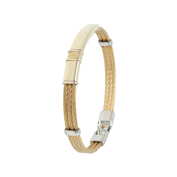 Jonc 3 câbles Acier PVD Doré, motif central en Or Jaune et Or Blanc massif 18 Carats - 750/000.  Qu'il soit classique ou fantaisiste, le bracelet saura sans conteste faire plaisir.   CARACTERISTIQUES :  Epaisseur câble (mm) : 2.00 Diamètre jonc (cm) : 6.50 Couleur câble : Acier PVD Doré Poids d'or (gr) : 3.70 Matière : Acier et Or 18 Carats - 750/000 19545