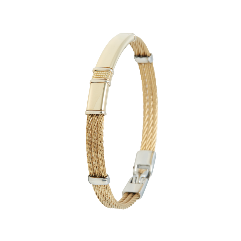 Jonc 3 câbles Acier PVD Doré, motif central en Or Jaune et Or Blanc massif 18 Carats - 750/000.  Qu'il soit classique ou fantaisiste, le bracelet saura sans conteste faire plaisir.   CARACTERISTIQUES :  Epaisseur câble (mm) : 2.00 Diamètre jonc (cm) : 6.50 Couleur câble : Acier PVD Doré Poids d'or (gr) : 3.70 Matière : Acier et Or 18 Carats - 750/000 19545