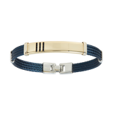 Jonc 3 câbles Acier PVD Bleu, motif central en Or Jaune et Or Blanc massif  18 Carats - 750/000.  Qu'il soit classique ou fantaisiste, le bracelet saura sans conteste faire plaisir.  Possibilité de gravure personnalisée.   CARACTERISTIQUES :  Epaisseur câble (mm) : 2.00 Diamètre jonc (cm) : 6.50 Couleur câble : PVD Bleu Poids d'or (gr) : 4.40 Matière : Acier et Or 18 Carats - 750/000 19546