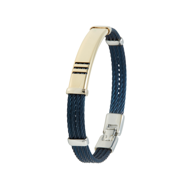 Jonc 3 câbles Acier PVD Bleu, motif central en Or Jaune et Or Blanc massif  18 Carats - 750/000.  Qu'il soit classique ou fantaisiste, le bracelet saura sans conteste faire plaisir.  Possibilité de gravure personnalisée.   CARACTERISTIQUES :  Epaisseur câble (mm) : 2.00 Diamètre jonc (cm) : 6.50 Couleur câble : PVD Bleu Poids d'or (gr) : 4.40 Matière : Acier et Or 18 Carats - 750/000 19546