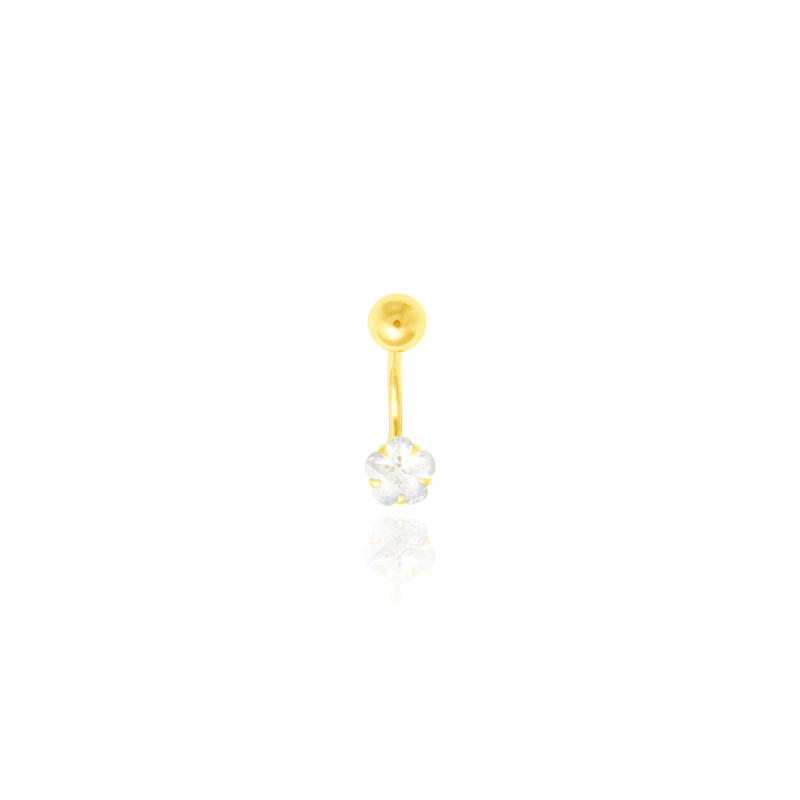 Piercing nombril serti de Zirconiums blancs en forme de fleur, en Or Jaune 18 Carats - 750/000.   CARACTERISTIQUES :   Diamètre/ hauteur (mm) : 6.00 Poids (gr) : 0,50  Matière: Or 18 carats 750/000 19781