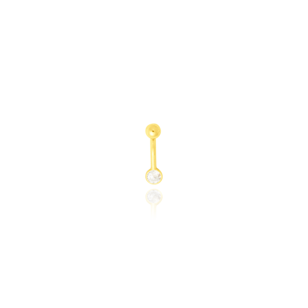 Piercing arcade, monté d'une boule vissée et serti d'un zirconium, en Or jaune 18 carats - 750/000.   CARACTERISTIQUES :  Epaisseur axe (mm) : 1.10  Diamètre serti (mm) : 3.50 Diamètre boule (mm) : 3.00 Poids (gr) : 0.25 Matière : Or 18 Carats - 750/000 19786