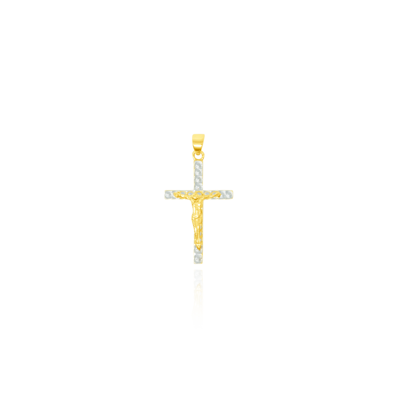 Pendentif en forme de Croix avec son Christ, en Or Jaune et Or Blanc 18 Carats - 750/000.   CARACTERISTIQUES :  Dimensions H x l (mm) : 20.52 x 13.6 Poids (gr) : 1.18 Matière : Or 18 Carats - 750/000 19995