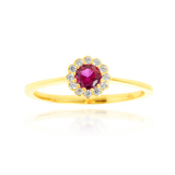 Solitaire rond serti d'un zirconium central rouge, couronné de zirconiums en forme de fleur, en Or Jaune 18 carats 750/000   CARACTERISTIQUES :  Motif central (mm) : 7.0 Epaisseur (mm) : 1.32 Poids (gr) : 1.66         Matière : Or 18 Carats - 750/000 20041