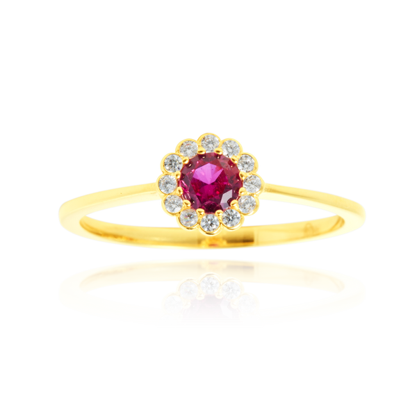 Solitaire rond serti d'un zirconium central rouge, couronné de zirconiums en forme de fleur, en Or Jaune 18 carats 750/000   CARACTERISTIQUES :  Motif central (mm) : 7.0 Epaisseur (mm) : 1.32 Poids (gr) : 1.66         Matière : Or 18 Carats - 750/000 20041