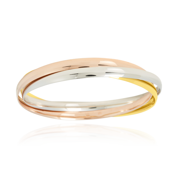 Jonc 3 bracelets entrelacés en Or Jaune, Or Blanc et Or Rose 18 Carats - 750/000.  Qu'il soit classique ou fantaisiste, le bracelet saura sans conteste faire plaisir.  CARACTERISTIQUES :  Diamètre jonc (cm) : 6.50 Poids (gr) : 20.85 Matière : Or 18 Carats - 750/000 20084 