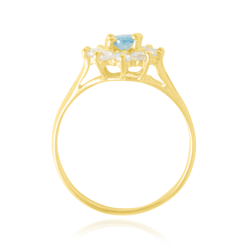 Bague marquise sertie d'un zirconium central bleu topaze et de zirconiums blancs, en Or Jaune 18 Carats - 750/000.  Cinq possibilités d'embellir vos doigts, portez une de nos bagues.   CARACTERISTIQUES :  Motif central (mm) : 10.94 x 12.24 Epaisseur (mm) : 1.85 Poids (gr) : 2.28       Matière : Or 18 Carats - 750/000 202110