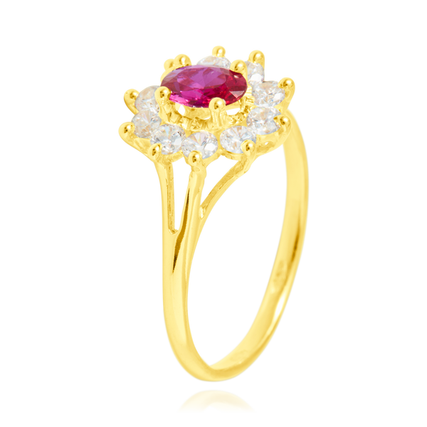 Bague marquise sertie d'un zirconium rouge et de zirconiums blancs, en Or Jaune 18 Carats - 750/000.  Cinq possibilités d'embellir vos doigts, portez une de nos bagues.   CARACTERISTIQUES :  Motif central (mm) : 12.30 Epaisseur (mm) : 1.77 Poids Moyen (gr) : 2.33      Matière : Or 18 Carats - 750/000 20229