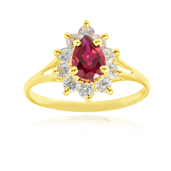 Bague marquise sertie de zirconium poire rouge et de zirconiums blancs, en Or Jaune 18 Carats - 750/000.  Cinq possibilités d'embellir vos doigts, portez une de nos bagues.   CARACTERISTIQUES :  Motif central (mm) : 12.72 Epaisseur (mm) : 1.88 Poids Moyen (gr) : 2.38      Matière : Or 18 Carats - 750/000 20232
