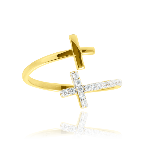 Bague double croix, une lisse et une sertie de zirconiums, en Or Jaune et Or Blanc 18 Carats - 750/000.  Cinq possibilités d'embellir vos doigts, portez une de nos bagues.    CARACTERISTIQUES :  Motif central (mm) : 13.70 Epaisseur (mm) : 1.66 Poids (gr) : 1.84       Matière : Or 18 Carats - 750/000