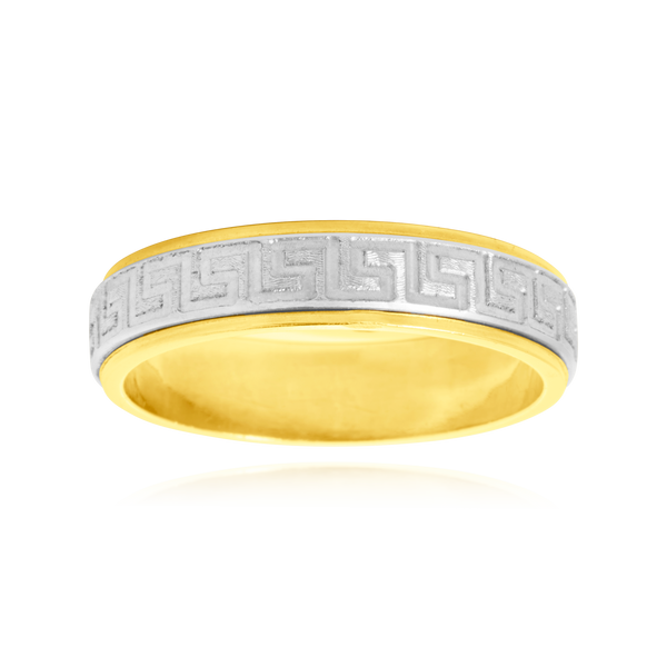 Alliance motif grec, en Or Jaune et Or Blanc 18 Carats - 750/000.  L'alliance est plus qu'un simple bijou, elle est la matérialisation physique d'un amour inconditionnel entre deux êtres.  Gravure possible   CARACTERISTIQUES :  Poids (gr) : 6.60 Largeur (mm) : 5.00 Matière : Or 18 Carats - 750/000 2622
