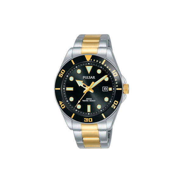 Montre Pulsar Homme Noir - PG8295X1 - Bracelet en acier bicolore, mouvement quartz, affichage analogique 3 aiguilles, date, aiguilles et index luminescents, fond de boîte vis, cadran noir, boîtier en acier, étanchéité 10 ATM / 100 Mètres, forme du cadran rond, dimensions du boitier 41mm, épaisseur du boitier 10mm, fermoir boucle déployante, longueur du bracelet 24cm, largeur NC, verre minéral.