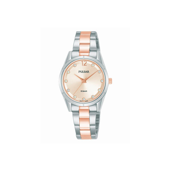 Réf : PH8505X1  Montre PULSAR Femme Rose - PH8505X1 - Bracelet en acier bicolore, mouvement quartz, affichage analogique 3 aiguilles, fond de boîte vissé rehaussé de 11 cristaux Swarovski, cadran rose, boîtier en acier, étanchéité 10 ATM / 100 Mètres, forme du cadran rond, dimensions du boitier 28mm, épaisseur du boitier 7mm, fermoir boucle déployante, longueur du bracelet 23cm, largeur 18mm, verre minéral. 