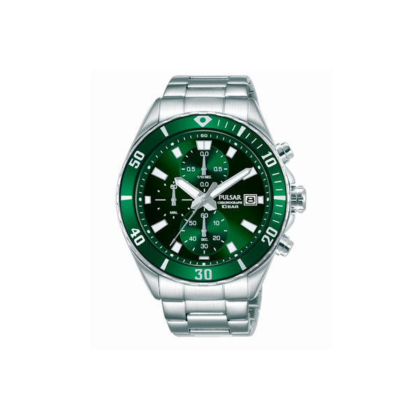 Montre PULSAR Homme Vert - PM3193X1 - Bracelet en acier argent, mouvement quartz, affichage analogique chrono à la seconde jusqu'à 60 min, date, aiguille 24 heures, lunette revêtement titane carboné vert, aiguilles et index luminescents, fond de boîte vissé, cadran vert, boîtier en acier, étanchéité 10 ATM / 100 Mètres, forme du cadran rond, dimensions du boitier 43mm, épaisseur du boitier 10mm, fermoir boucle déployante, longueur du bracelet 24cm, largeur 20mm, verre minéral.