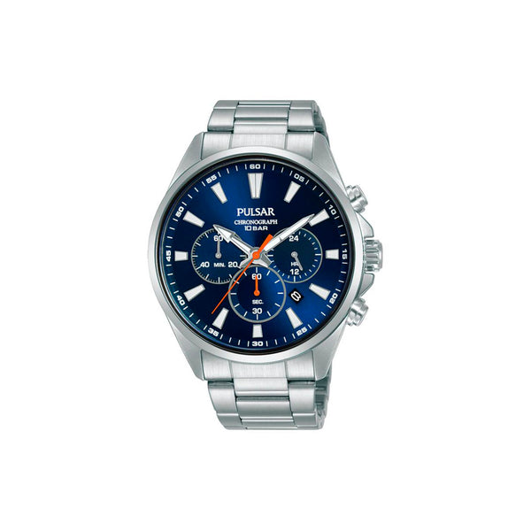 Montre PULSAR Homme Bleu - PT3A37X1 - Bracelet en acier argent, mouvement quartz, affichage analogique chrono à la seconde jusqu'à 60 min, date, aiguille 24 heures, aiguilles et index luminescents, fond de boîte vissé, cadran bleu, boîtier en acier inoxydable, étanchéité 10 ATM / 100 Mètres, forme du cadran rond, dimensions du boitier 43mm, épaisseur du boitier 10mm, fermoir boucle déployante, longueur du bracelet 22cm, largeur NC, verre minéral.