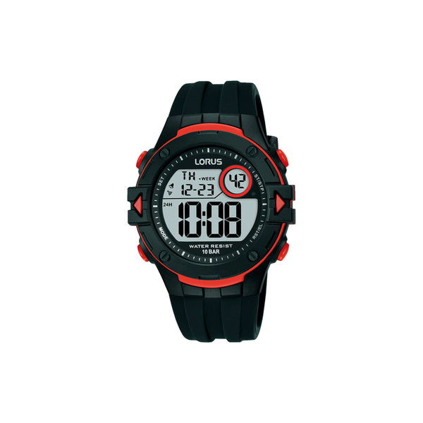 Montre heure seulement Lorus pour homme de la collection Sports. Bijou avec boîtier en plastique de diamètre 40 et bracelet accordéon en silicone noir. La résistance à l'eau est de 11 bars et il a un mouvement numérique multifonction.