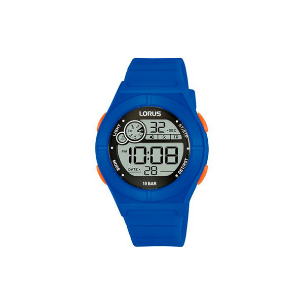 Montre time only Lorus pour enfant de la collection junior / kids. Seule horloge avec boîtier en acier inoxydable - 36 mm et cadran muni d'un rétroéclairage numérique. Le bracelet en silicone bleu. La résistance à l'eau est de 10 bars. Montre avec mouvement à quartz. 