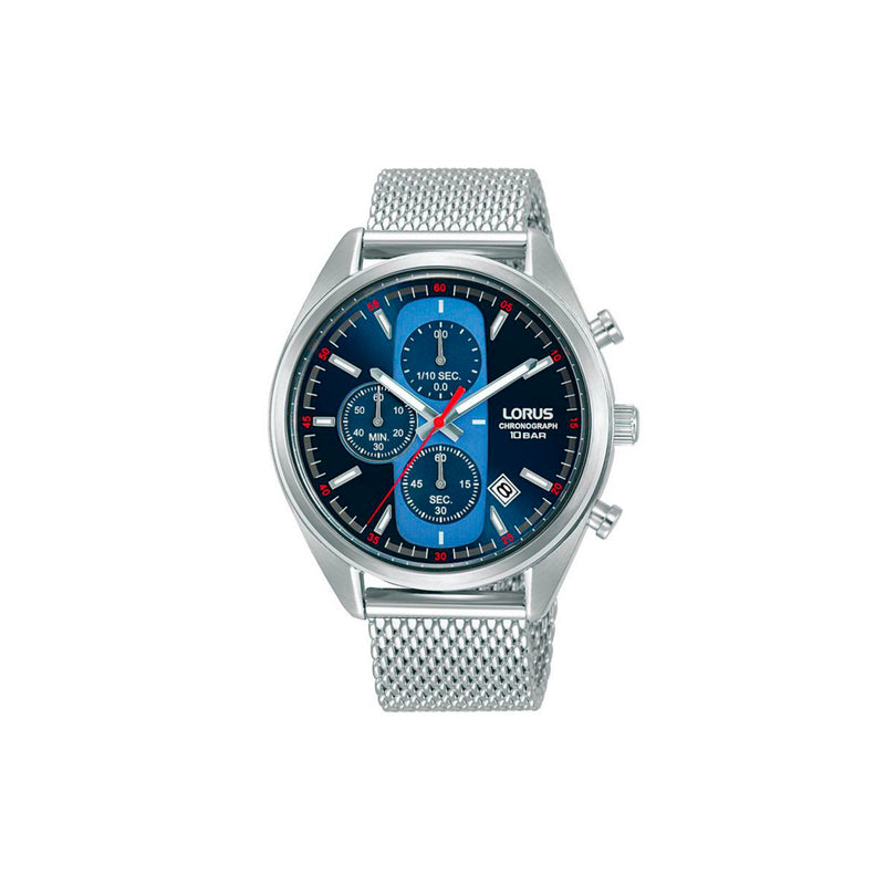 Montre LORUS Homme Bleu - RM353GX9 - Bracelet en maille milanaise argent, mouvement quartz, affichage analogique chrono 1/10e de seconde jusqu’à 60 min, date, aiguilles et index luminescents, fond de boîte vissé, cadran bleu, boîtier en acier, étanchéité 10 ATM / 100 Mètres, forme du cadran rond, dimensions du boitier 42mm, épaisseur du boitier 10mm, fermoir clip, longueur du bracelet 24cm, largeur 20mm, verre minéral.