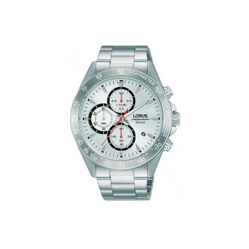 Montre chronographe pour homme Lorus de la collection sport. Montre avec boîtier en acier inoxydable de 43 mm de diamètre. Cadran blanc décoré de motifs rayons de soleil, sphères lumineuses, lunette avec échelle tachymétrique, fond vissé. Bracelet en acier inoxydable. Résistance à l'eau de 5 atm. Mouvement: quartz. Fonctions de la montre: chronographe jusqu'à 60 minutes par unités de dix secondes.