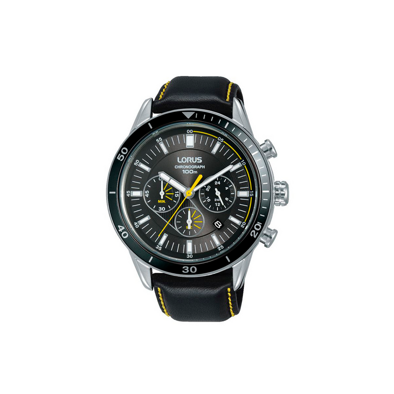 Montre LORUS Homme Gris - RT311HX9 - Bracelet en cuir noir, mouvement quartz, affichage analogique chrono à la seconde jusqu'à 60 min, date, aiguille 24 heures, tachymètre, aiguilles et index luminescents, fond de boîte vissé, cadran gris, boîtier en acier inoxydable, étanchéité 10 ATM / 100 Mètres, forme du cadran rond, dimensions du boitier 45mm, épaisseur du boitier 9mm, fermoir boucle ardillon, longueur du bracelet 24cm, largeur 12mm, verre minéral.