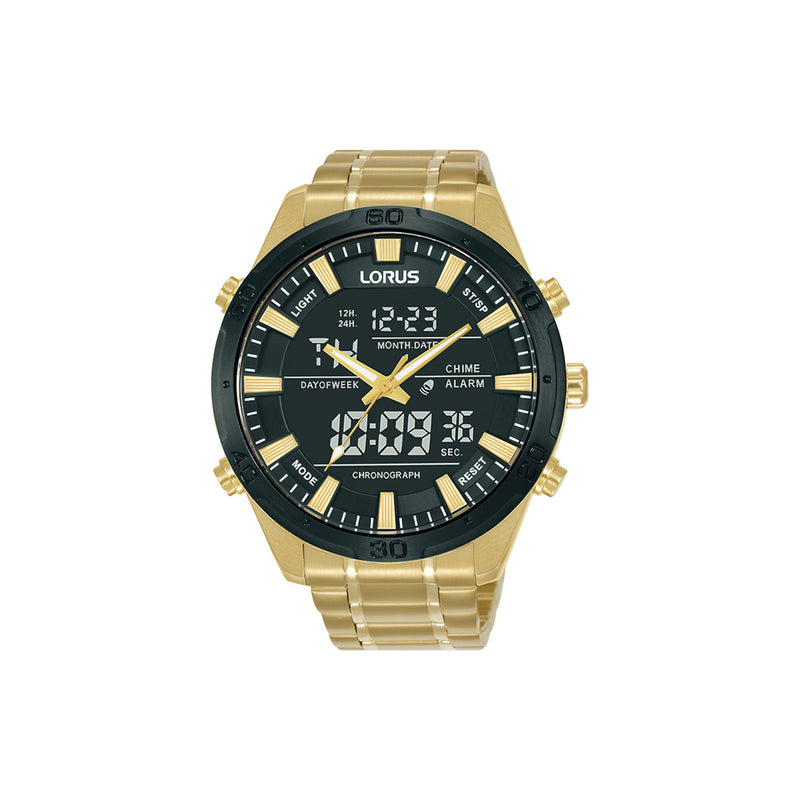 Montre sport de la marque Lorus composée d'un boitier et d'un bracelet en acier inoxydable doré. Cadran noir et or, date, chrono, aiguilles et index luminescents. Etanche à 100 mètres, mouvement garanti deux ans. diamètre 46 mm