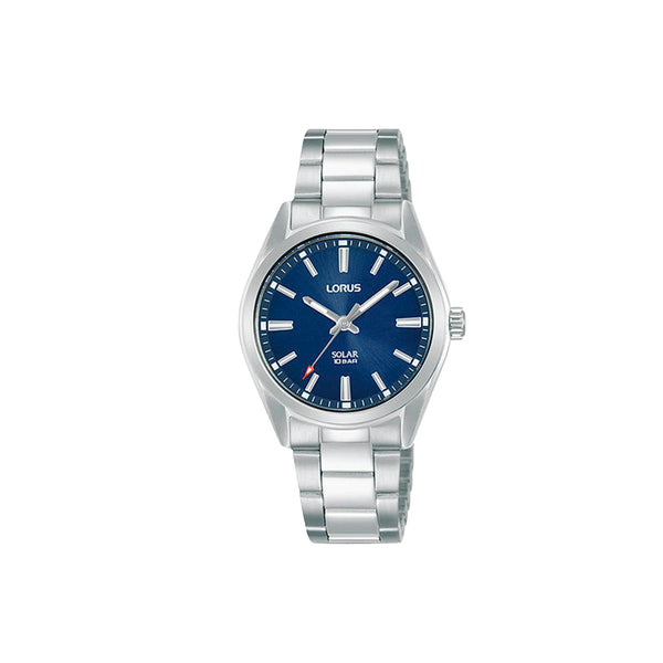 La montre est adaptée à des sports nautiques (10 ATM). Cette montre est pourvue d'un affichage analogique. La montre LORUS est à mécanisme quartz solaire. La montre LORUS pèse 64,4 g. La fermeture du boîtier de cette montre est vissée. Ce boîtier est composé d'acier inoxydable et mesure 31 mm de diamètre. Le cadran de cet accessoire est de couleur bleue. Le bracelet de la montre est composé d'acier.